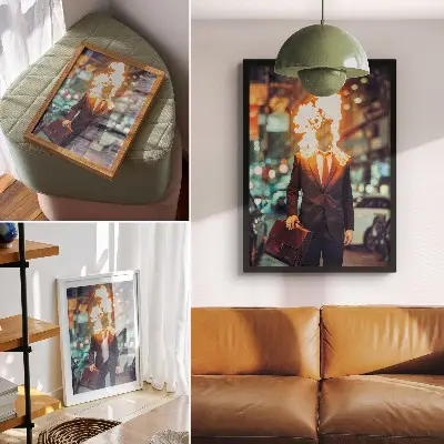 Premium stenski plakat elegantni moški z gorečo glavo v mestu
