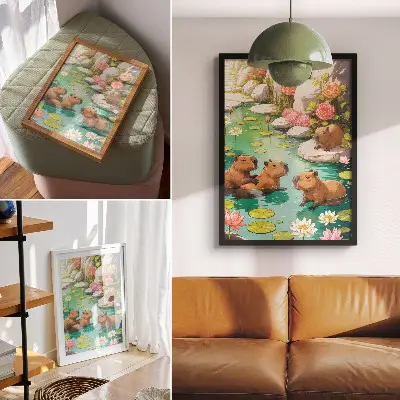 Plakat kapibare v ribniku, ki prinašajo harmonijo narave