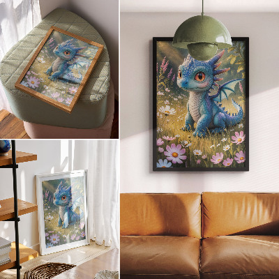 Premium stenski plakat Čudovit modri zmaj med rožami