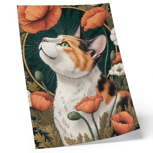 Umetniški tisk na platno mačka med maki v slogu ilustracije z naravnim motivom