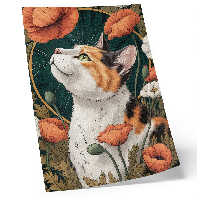 Umetniški tisk na platno Mačka med maki, slog ilustracije, narava