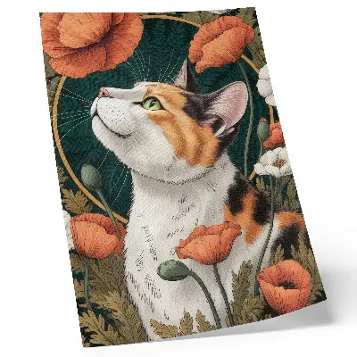 Umetniški tisk na platno mačka med maki v slogu ilustracije z naravnim motivom