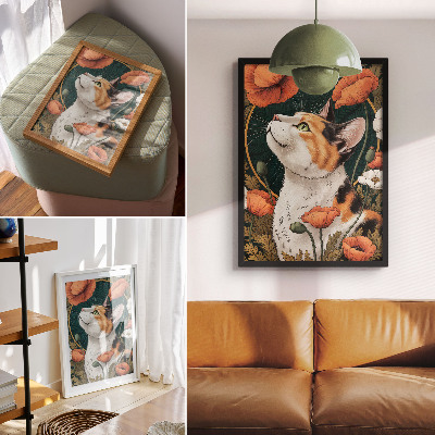 Umetniški tisk na platno Mačka med maki, slog ilustracije, narava