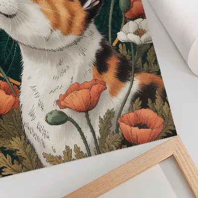 Umetniški tisk na platno mačka med maki v slogu ilustracije z naravnim motivom