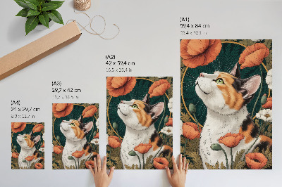 Umetniški tisk na platno Mačka med maki, slog ilustracije, narava