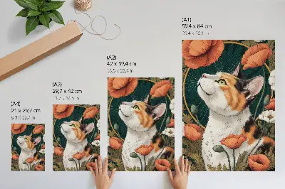 Umetniški tisk na platno mačka med maki v slogu ilustracije z naravnim motivom