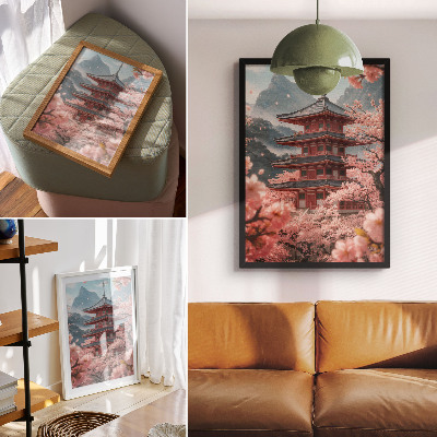 Eleganten plakat za dnevno sobo Romantično vzdušje v gorovju Cherry Tree Pagoda