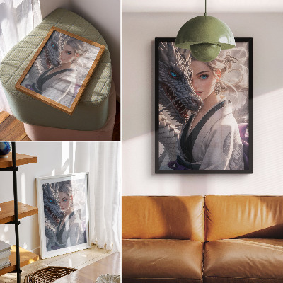 Premium stenski plakat Nežni detajli zmaja v srebrnih laseh