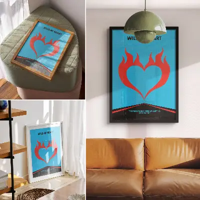 Premium stenski plakat z motivom rdečega plamenečega srca na modrem ozadju v modernem slogu