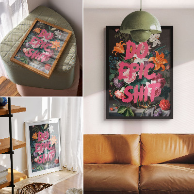 Eleganten plakat za dnevno sobo Rožnate črke na ozadju pisanih rož