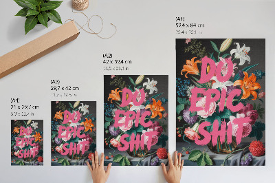 Eleganten plakat za dnevno sobo Rožnate črke na ozadju pisanih rož