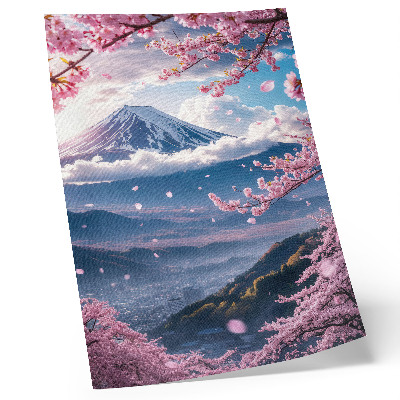 Premium stenski plakat Gore in cvetoče sakure z rožnatim nebom