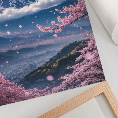Premium stenski plakat Gore in cvetoče sakure z rožnatim nebom