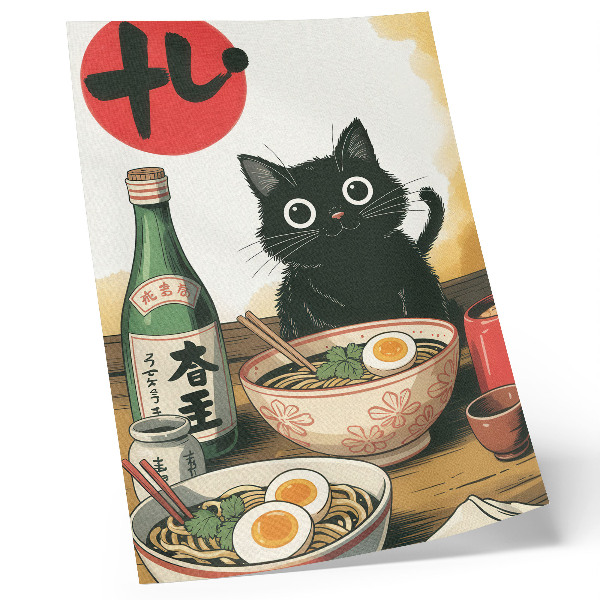 Premium stenski plakat Steklenica sakeja s črnim mačjim ramenom, japonski motiv