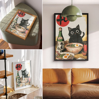 Premium stenski plakat Steklenica sakeja s črnim mačjim ramenom, japonski motiv