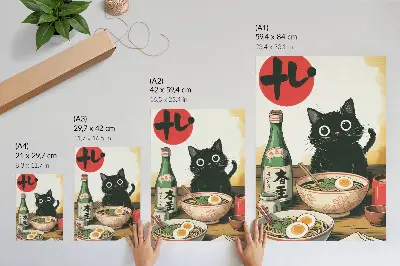 Stenski plakat z motivom sakeja in črne mačke japonski motiv