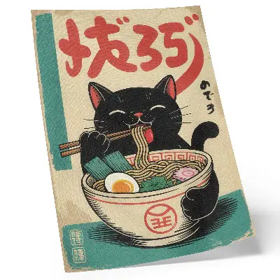 Plakat za dnevno sobo v japonskem retro slogu črna mačja ramenska skleda