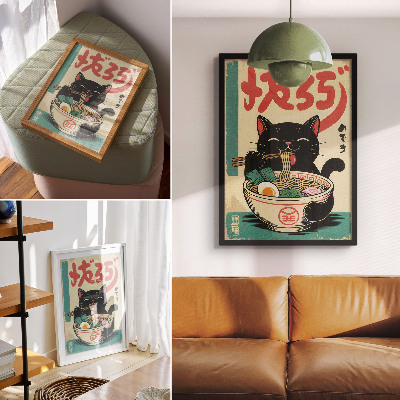 Eleganten plakat za dnevno sobo Črna mačja ramenska skleda Japonski retro navdihi