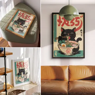 Plakat za dnevno sobo v japonskem retro slogu črna mačja ramenska skleda