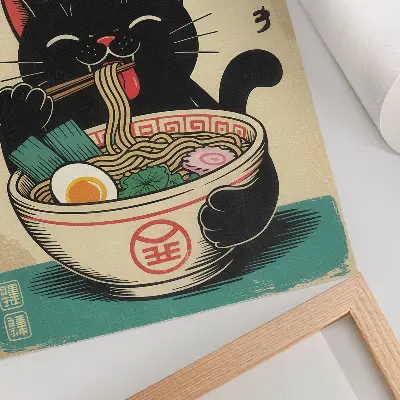 Plakat za dnevno sobo v japonskem retro slogu črna mačja ramenska skleda