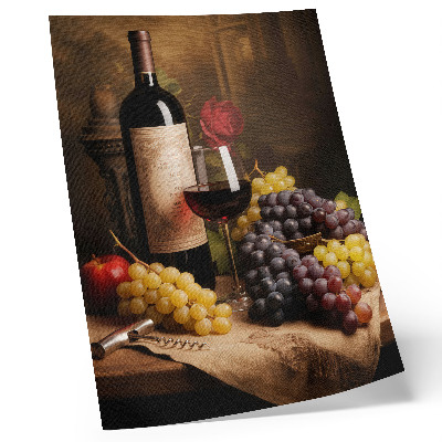Eleganten plakat za dnevno sobo Steklenica vina, grozdje, jabolko, vrtnica, elegance