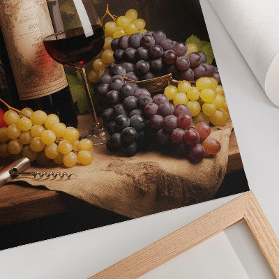 Eleganten plakat za dnevno sobo Steklenica vina, grozdje, jabolko, vrtnica, elegance