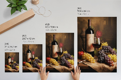 Eleganten plakat za dnevno sobo Steklenica vina, grozdje, jabolko, vrtnica, elegance