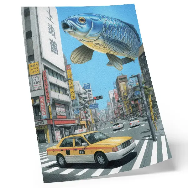 Plakat urbani nadrealizem z ribo v modernem uličnem slogu