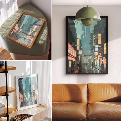 Premium stenski plakat Mestni nočni prizor z retro-futurističnimi neonskimi lučmi