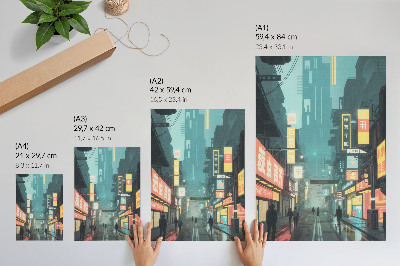 Premium stenski plakat Mestni nočni prizor z retro-futurističnimi neonskimi lučmi