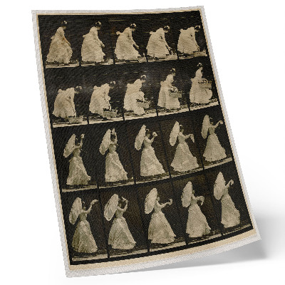 Plakat Ženska dviguje košaro in maha z robčkom (ok. 1887), avtor Eadweard Muybridge