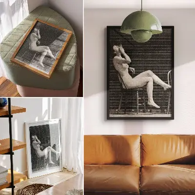 Premium stenski plakat ženska, ki gola sedi na stolu in kadi cigareto, avtor Eadweard Muybridge
