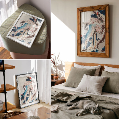 Premium stenski plakat Žerjavi na zasneženem drevesu, Katsushiki Hokusai (1834), starinski lesorez