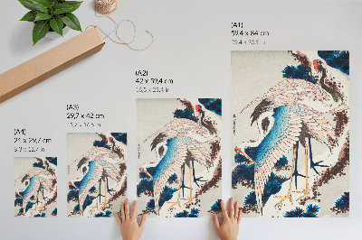 Premium stenski plakat Žerjavi na zasneženem drevesu, Katsushiki Hokusai (1834), starinski lesorez