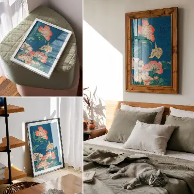 Premium stenski plakat potonike in kanarček avtorja Katsushikija Hokusaija iz leta 1834 v obliki starinskega lesoreza
