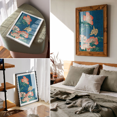 Premium stenski plakat Potonike in kanarček, Katsushiki Hokusai (1834) – starinski lesorez