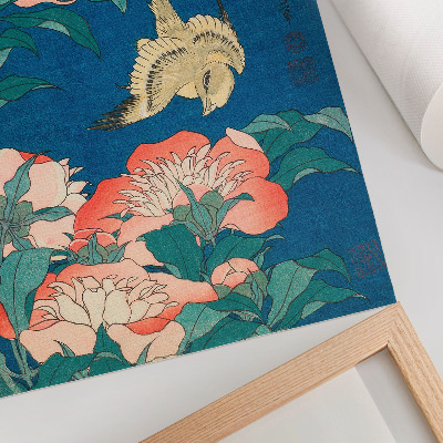 Premium stenski plakat Potonike in kanarček, Katsushiki Hokusai (1834) – starinski lesorez