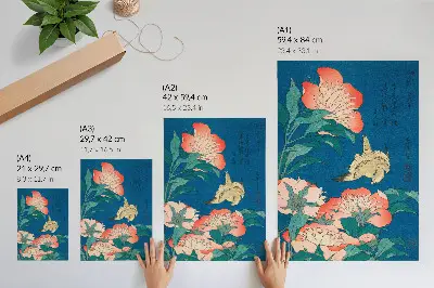 Premium stenski plakat potonike in kanarček avtorja Katsushikija Hokusaija iz leta 1834 v obliki starinskega lesoreza