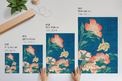 Premium stenski plakat Potonike in kanarček, Katsushiki Hokusai (1834) – starinski lesorez