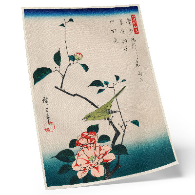 Plakat Ukiyo-e ilustracija kamelije in slavčka Utagawa Hiroshige (1797-1858)