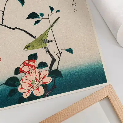 Plakat ukiyo-e ilustracija kamelije in slavčka avtorja Utawawe Hiroshigeja