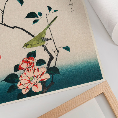 Plakat Ukiyo-e ilustracija kamelije in slavčka Utagawa Hiroshige (1797-1858)