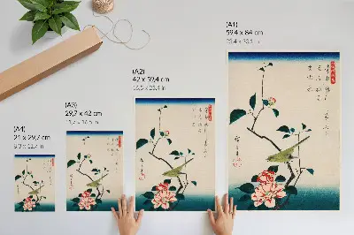 Plakat ukiyo-e ilustracija kamelije in slavčka avtorja Utawawe Hiroshigeja