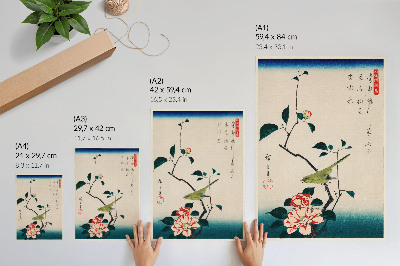 Plakat Ukiyo-e ilustracija kamelije in slavčka Utagawa Hiroshige (1797-1858)