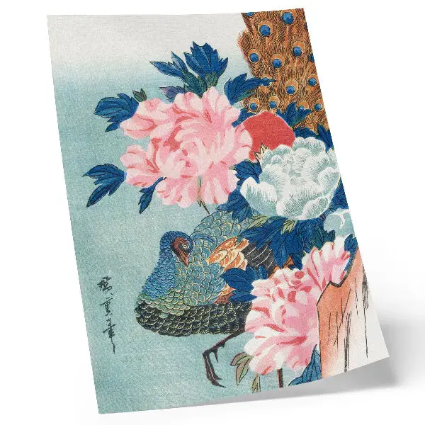 Plakat pav in potonike, starinski japonski lesorez avtorja Utagawa Hiroshige