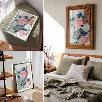 Plakat pav in potonike, starinski japonski lesorez avtorja Utagawa Hiroshige