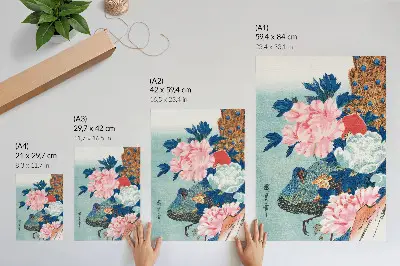 Plakat pav in potonike, starinski japonski lesorez avtorja Utagawa Hiroshige