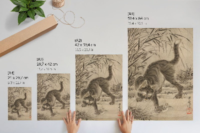Eleganten plakat za dnevno sobo Mačka lovi žabo, avtor Kawanabe Kyosai