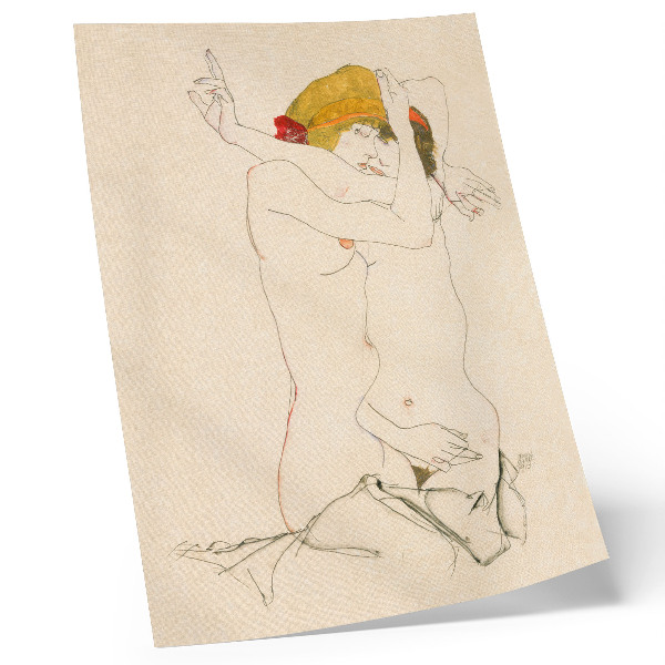 Premium stenski plakat Dve ženski v objemu (1913), Egon Schiele – ženstvena linijska risba iz zbirke MET
