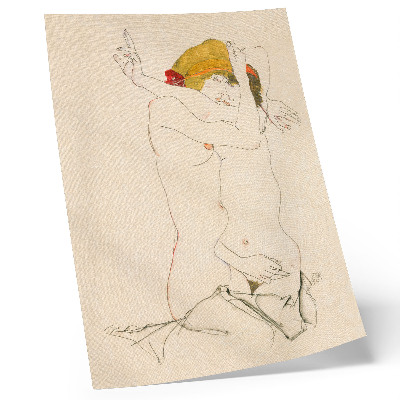 Premium stenski plakat Dve ženski v objemu (1913), Egon Schiele – ženstvena linijska risba iz zbirke MET